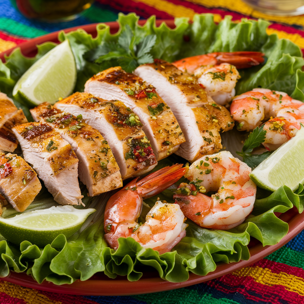 Grilled chicken and shrimp for Mexican salad.