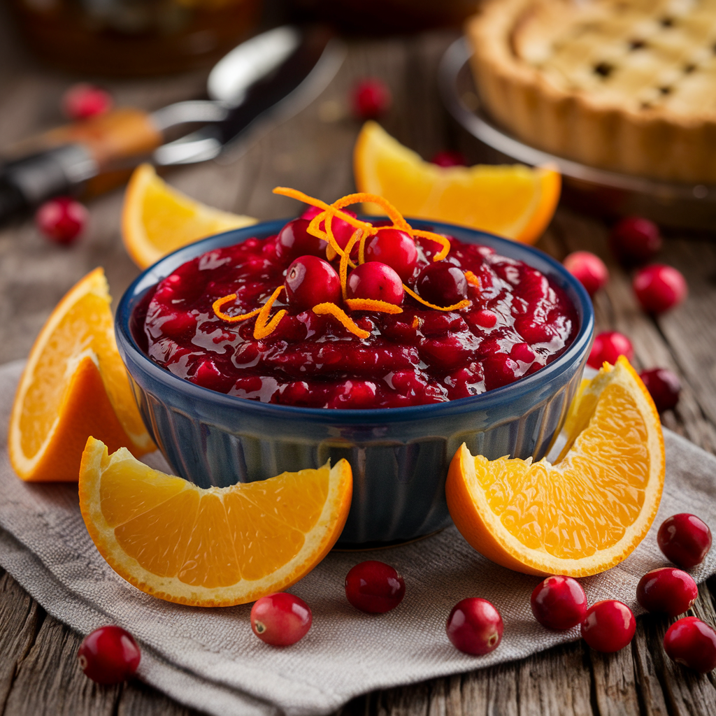 Homemade cranberry sauce in a bowl surrounded by fresh cranberries and orange slices.