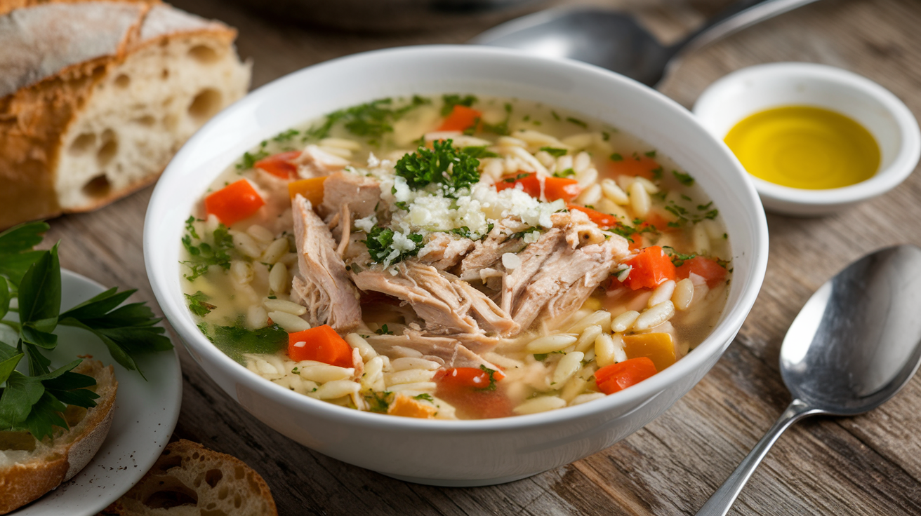 Bowl of steaming Italian chicken soup garnished with Parmesan and parsley on a rustic wooden table.