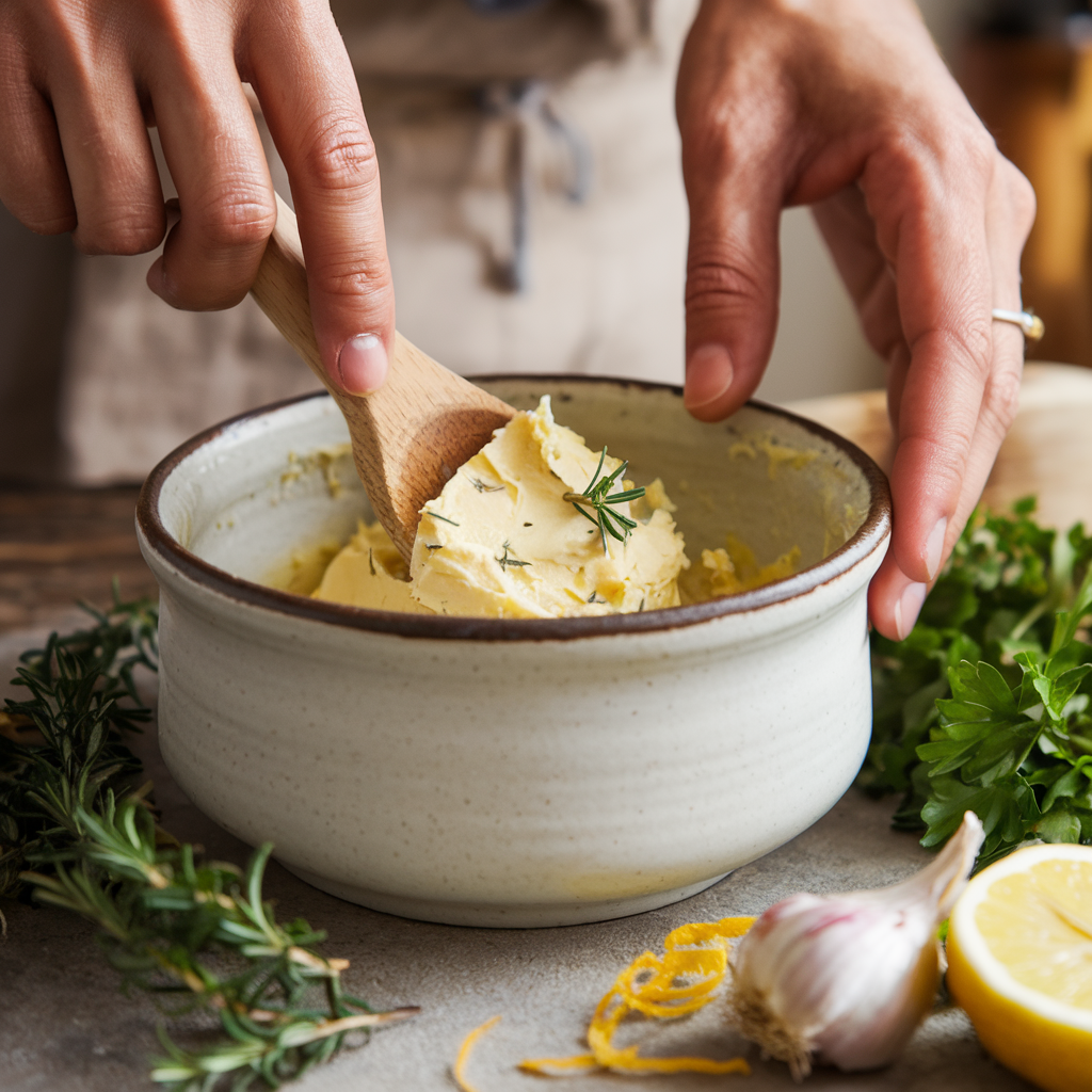 Hands mixing soft herb butter in a bowl, with chopped herbs, garlic, lemon zest, and a wooden spoon on a rustic kitchen counter.
