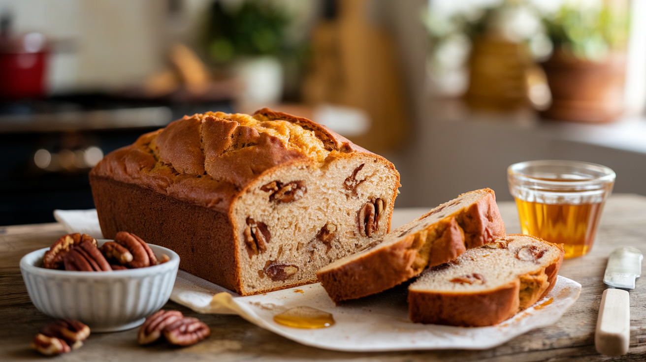 Golden loaf of Honey Butter Sweet Alabama Pecan Bread, sliced to reveal its moist texture, surrounded by pecans and a drizzle of honey.