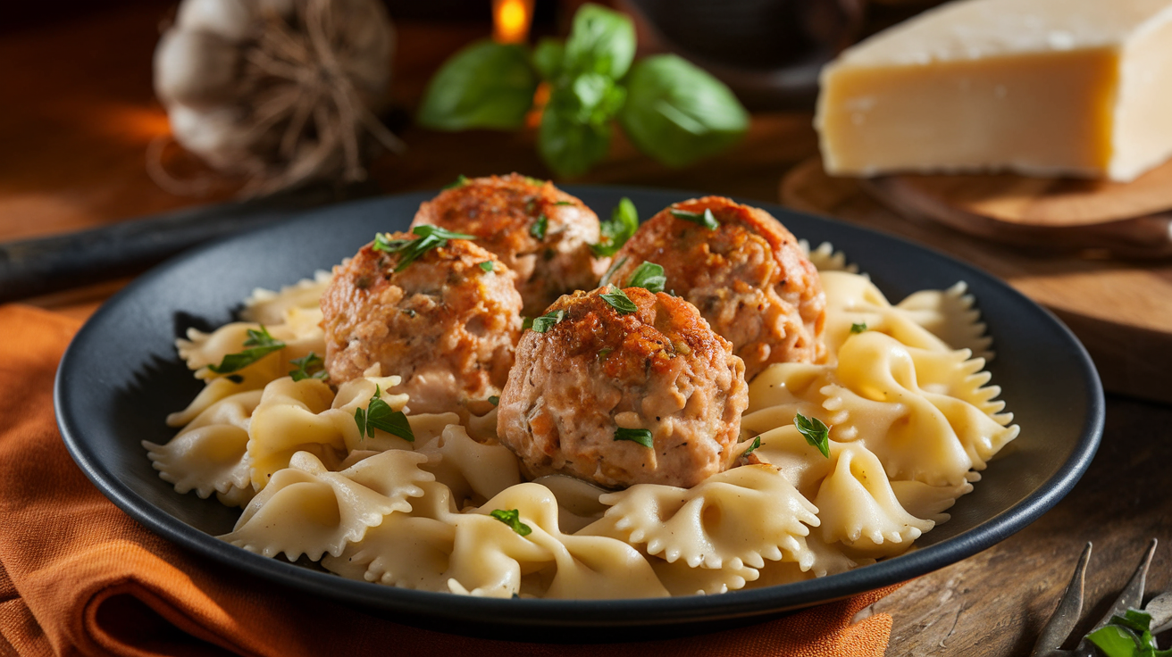 A plate of Italian garlic chicken meatballs on creamy bowtie pasta, garnished with fresh parsley and served on a rustic wooden table.