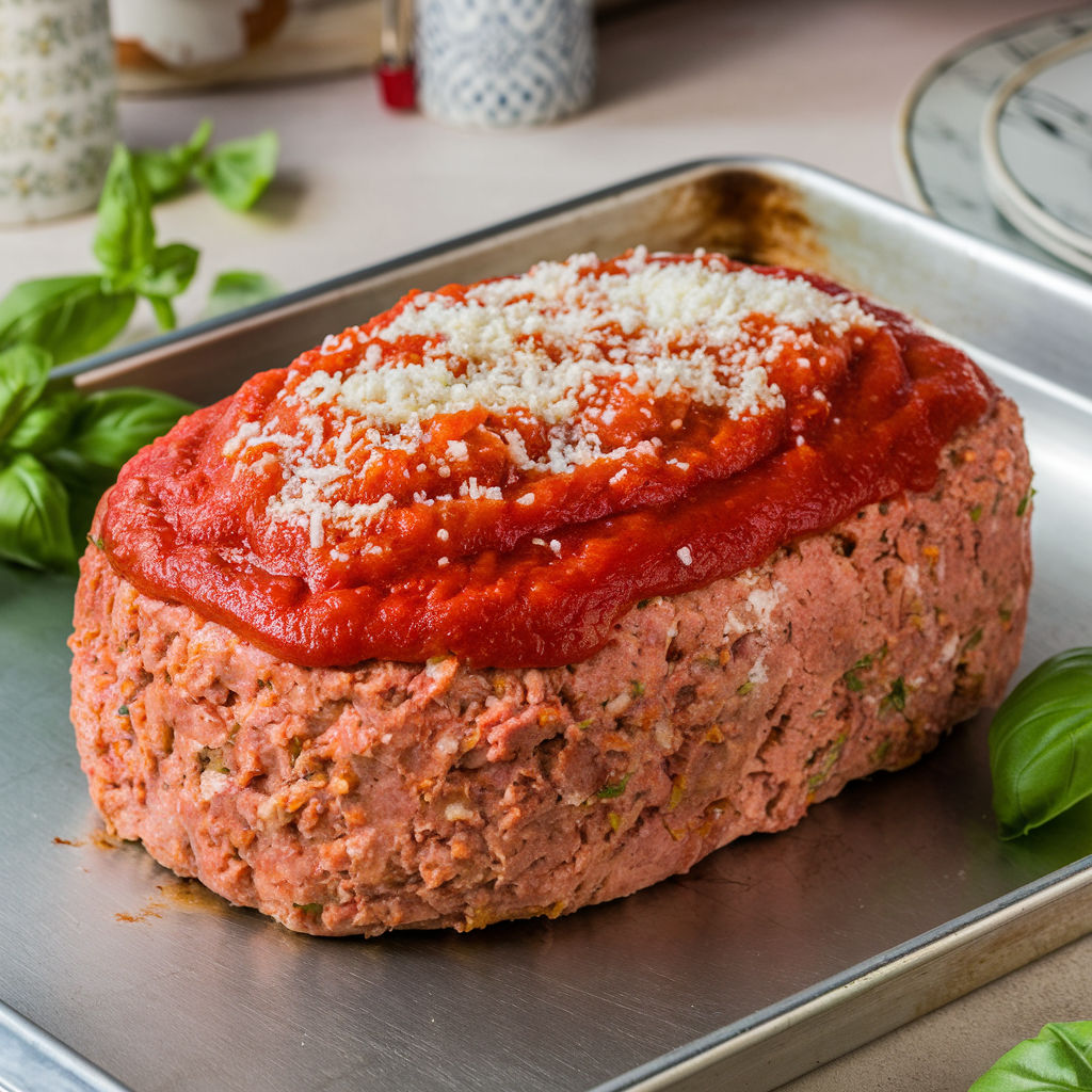 Fresh ingredients for Italian meatloaf, including ground beef and pork, Parmesan cheese, breadcrumbs, eggs, garlic, and herbs on a wooden cutting board