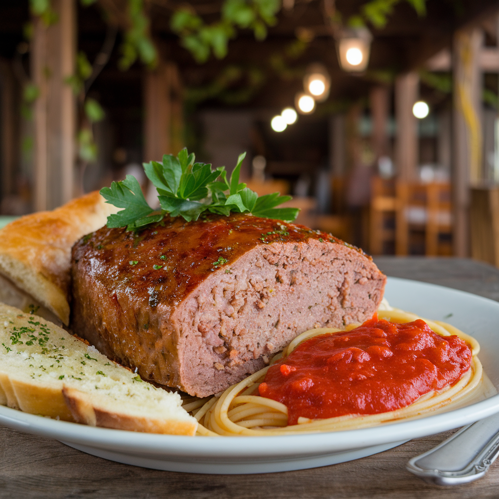 A slice of Italian meatloaf served with spaghetti and marinara sauce, garnished with parsley, alongside garlic bread on a white plate.