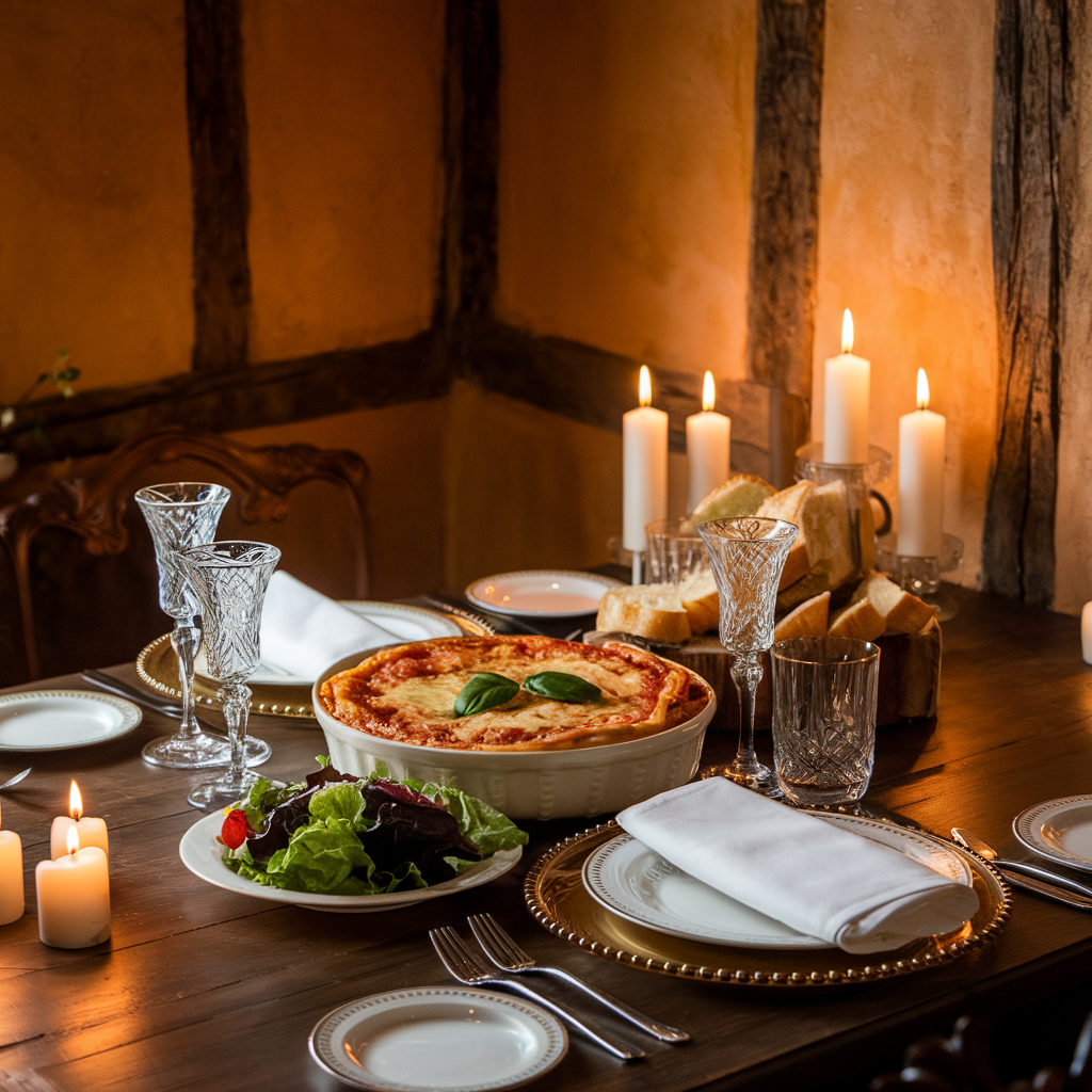 Freshly baked Lasagna Bolognese in a rustic dish with golden-brown cheese crust, visible layers of pasta, meat sauce, and béchamel, surrounded by Parmesan, basil,