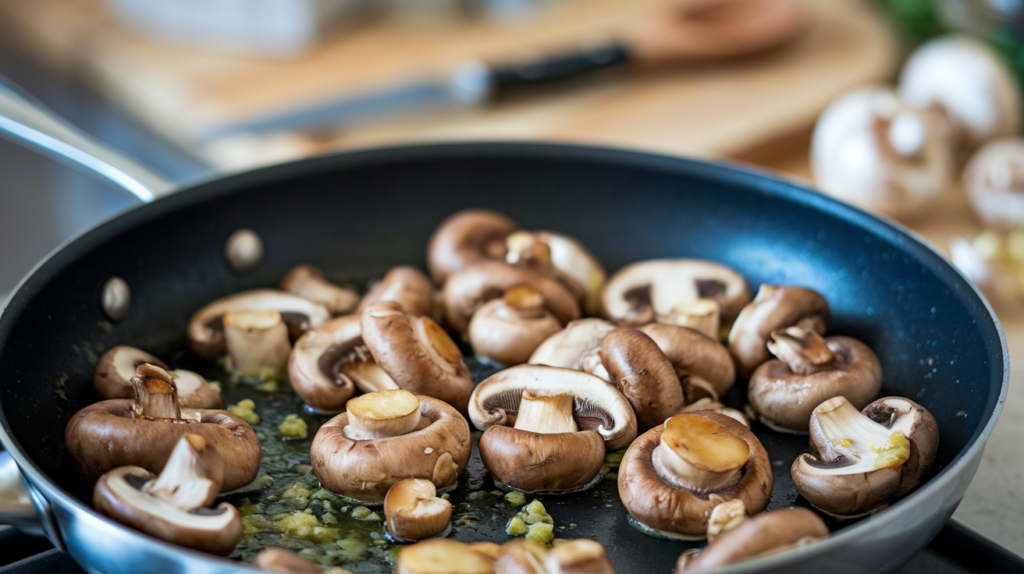 Sautéed mushrooms in a pan.