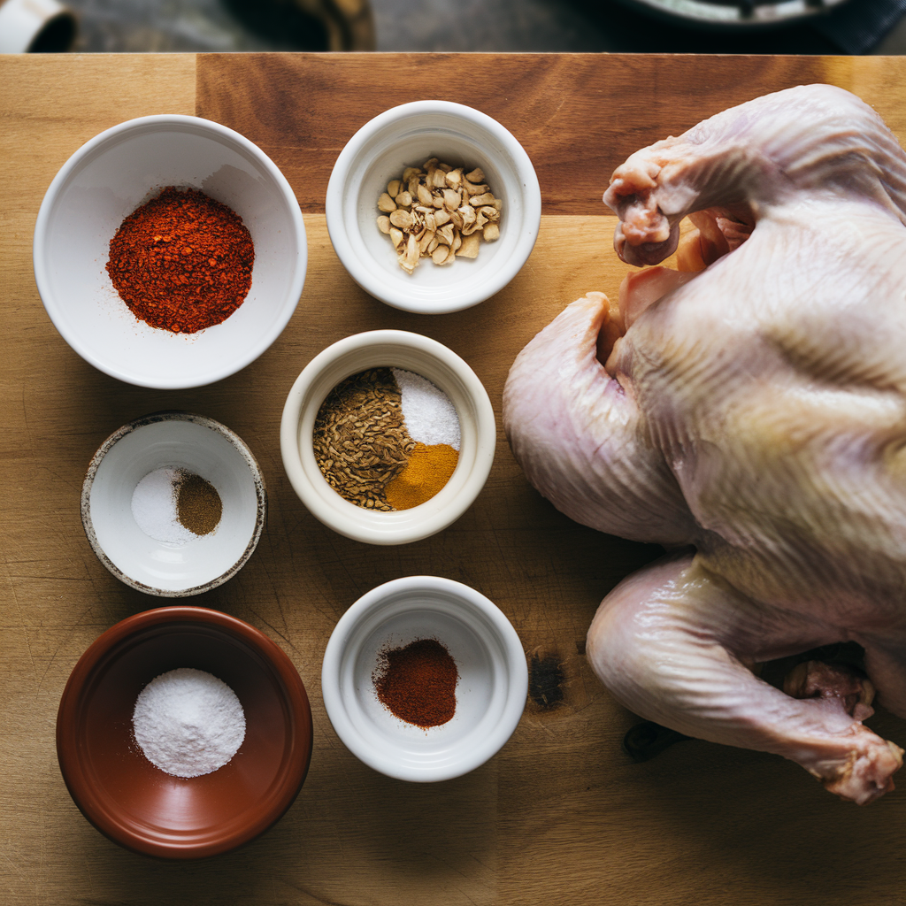 Ingredients for Mexican chicken seasoning arranged in small bowls on a wooden surface.