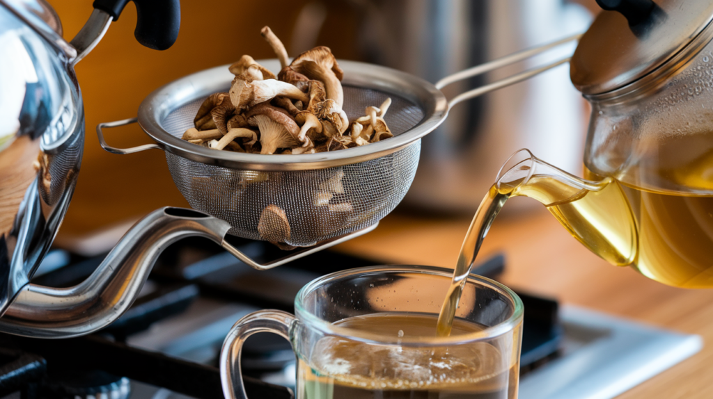 Step-by-step preparation of mushroom tea with boiling water, a tea strainer, and a steaming cup.