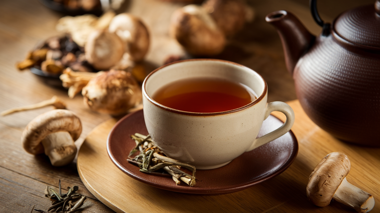 A cup of mushroom tea with dried mushrooms and herbs on a rustic wooden table.