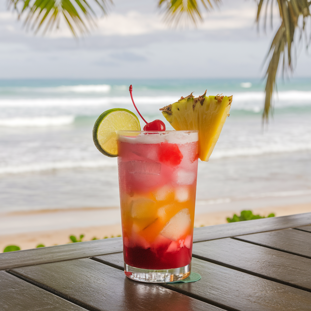 Multiple Malibu Bay Breeze cocktails on a tropical-themed table with mini umbrellas, colorful straws, and fresh fruit garnishes, under soft evening lights