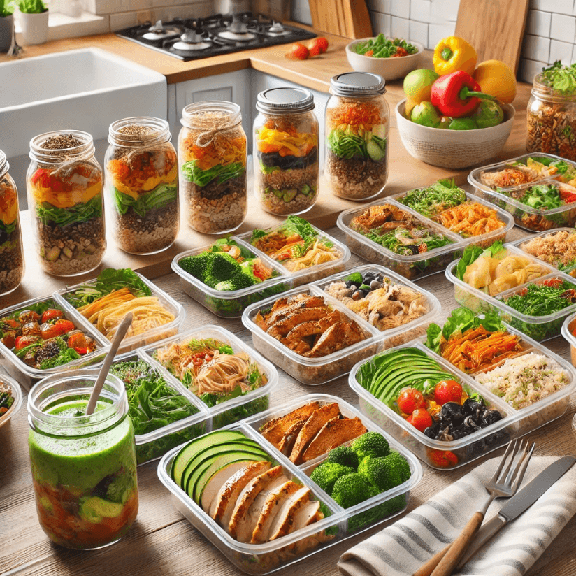 showcasing various aspects of meal prepping, including organized containers, vibrant mason jar salads, and a cozy dining table setup with diverse meal prep dishes. Let me know if you need anything further!