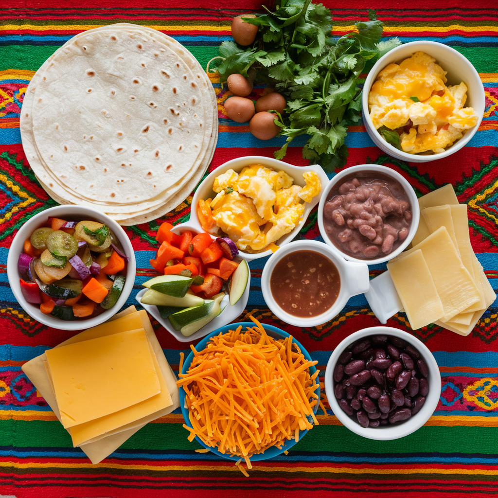 Ingredients for Mexican breakfast burritos, including tortillas, eggs, beans, and vegetables, on a colorful tablecloth.