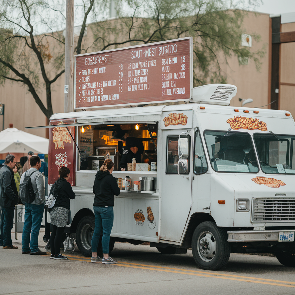 Food truck in the southwestern U.S. serving Mexican breakfast burritos with customers in line.