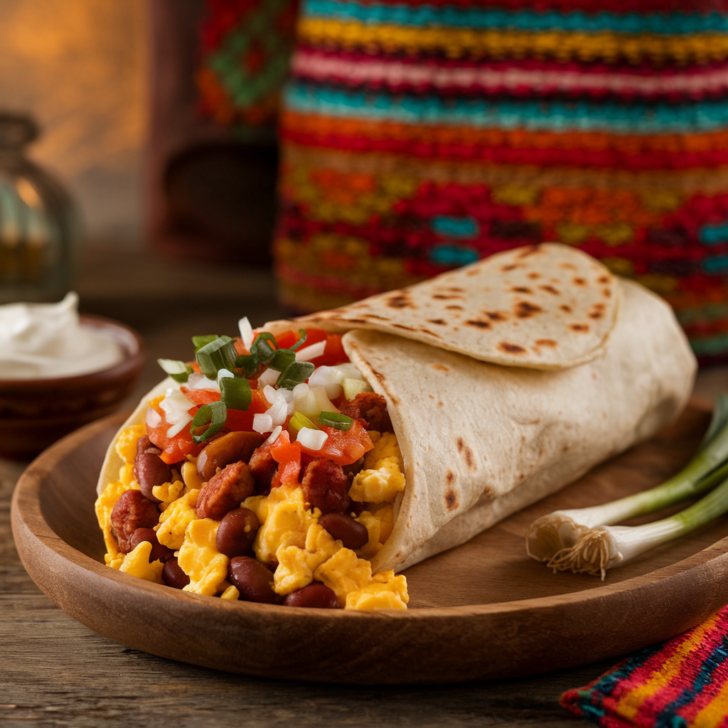 Fresh Mexican breakfast burrito filled with eggs, beans, chorizo, and salsa on a wooden plate