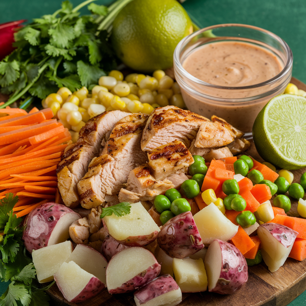 Ingredients for Mexican Chicken Salad, including grilled chicken, fresh vegetables, and creamy dressing, arranged neatly on a countertop.