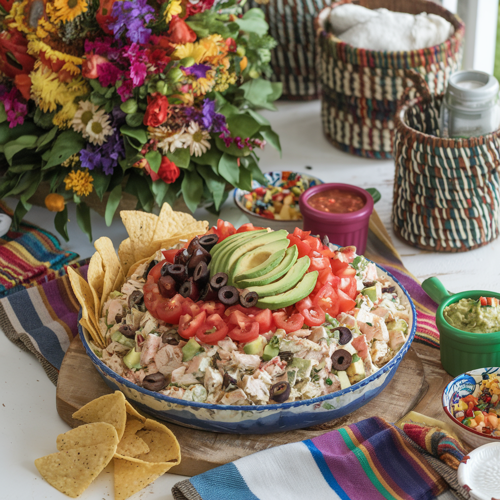 A festive party table with Mexican Chicken Salad, tortilla chips, guacamole, and salsa in a colorful setup.