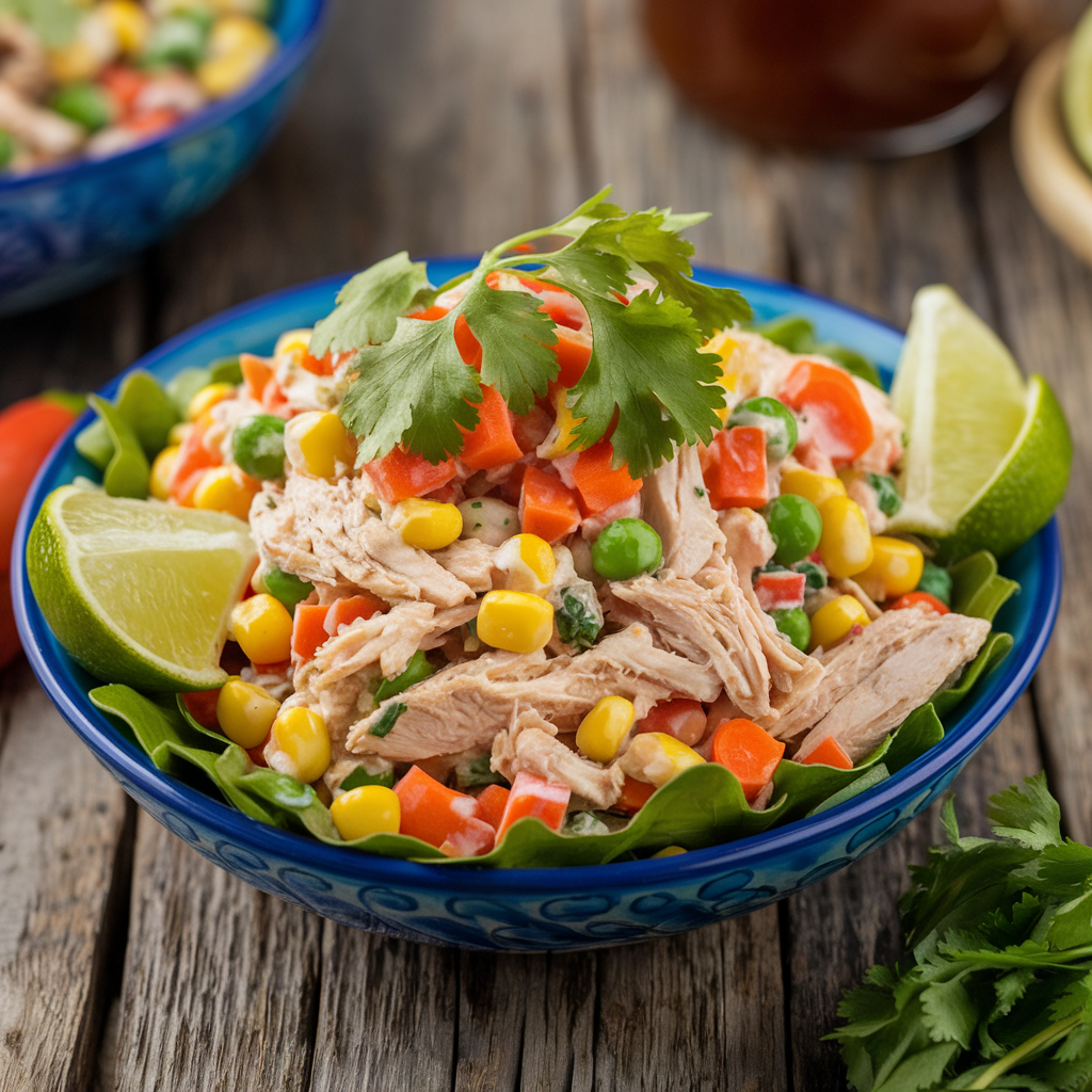 A bowl of colorful Mexican Chicken Salad with shredded chicken, fresh vegetables, and lime wedges on a rustic table.