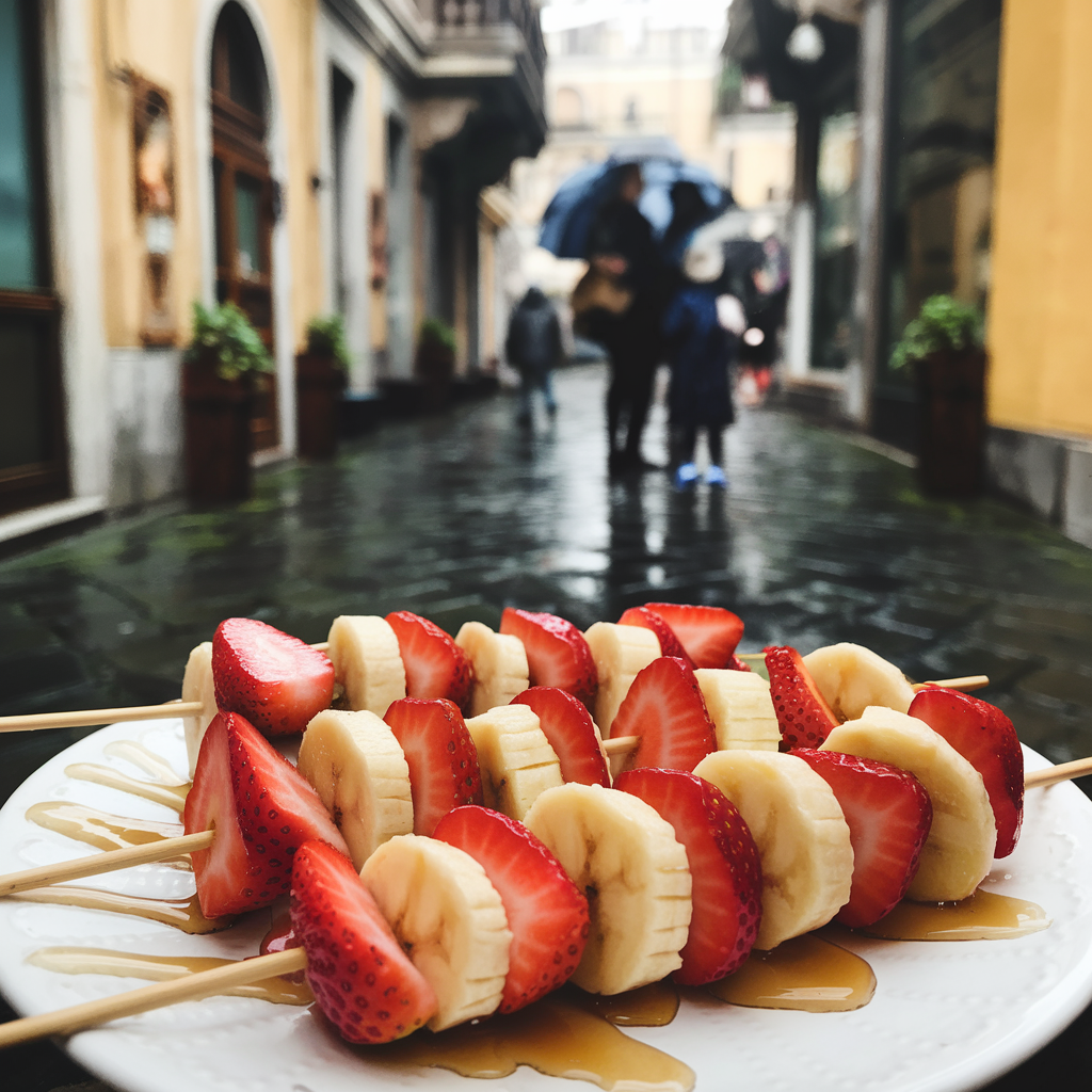 Mini pancake skewers with alternating slices of strawberries and bananas, drizzled with maple syrup, on a white platter with a colorful background."