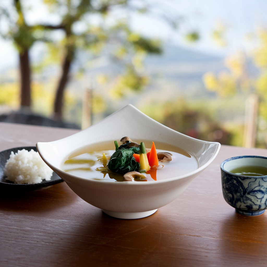 Modern Japanese clear soup with spinach, carrots, and shiitake mushrooms served with rice and tea.
