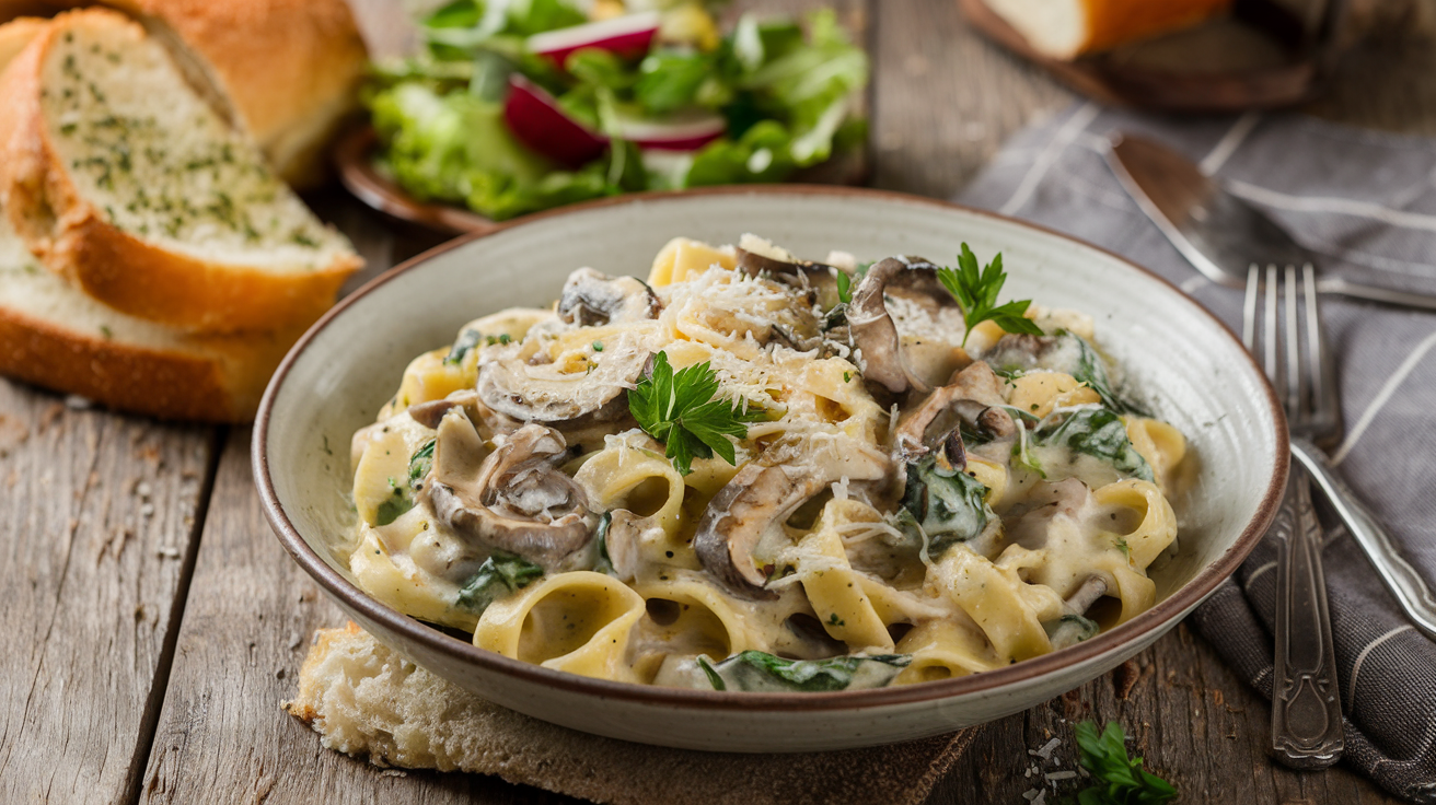 Creamy mushroom spinach pasta with garnishes.