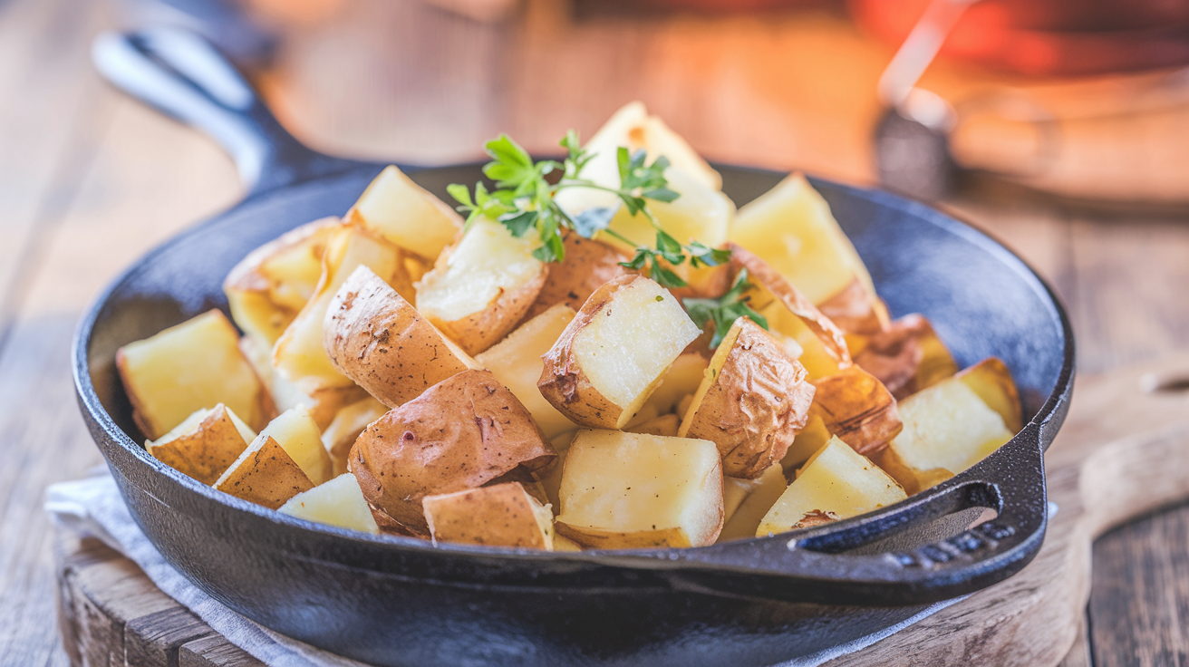 Crispy golden home fries in a cast-iron skillet garnished with fresh parsley.