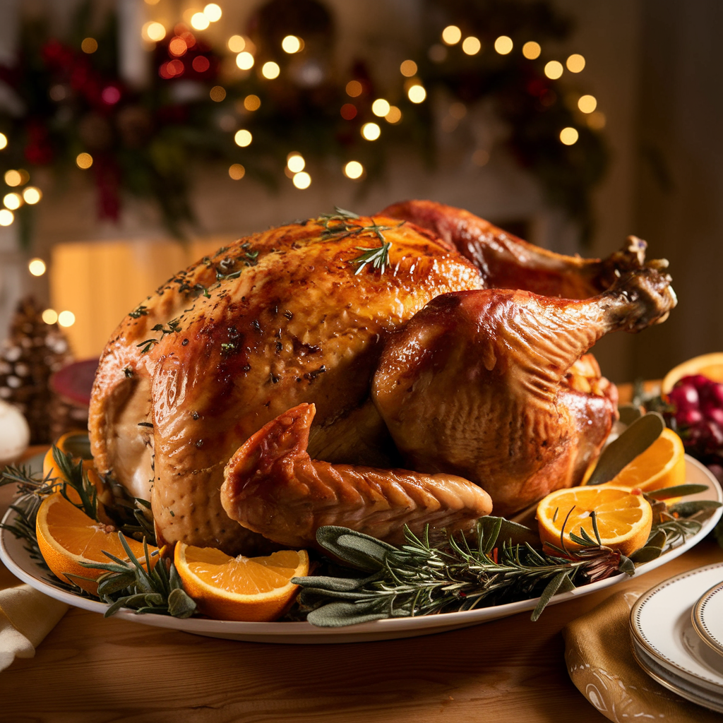 A golden-brown roasted turkey on a white platter, surrounded by fresh herbs, citrus slices, and festive decorations, with warm holiday lighting in the background