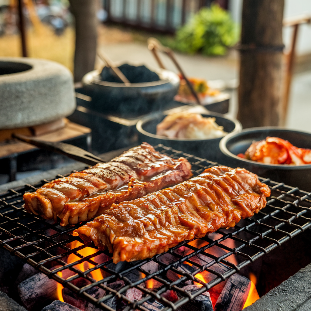 A lively table filled with grilled meats, colorful side dishes, and dipping sauces, showcasing the communal joy of Korean BBQ.