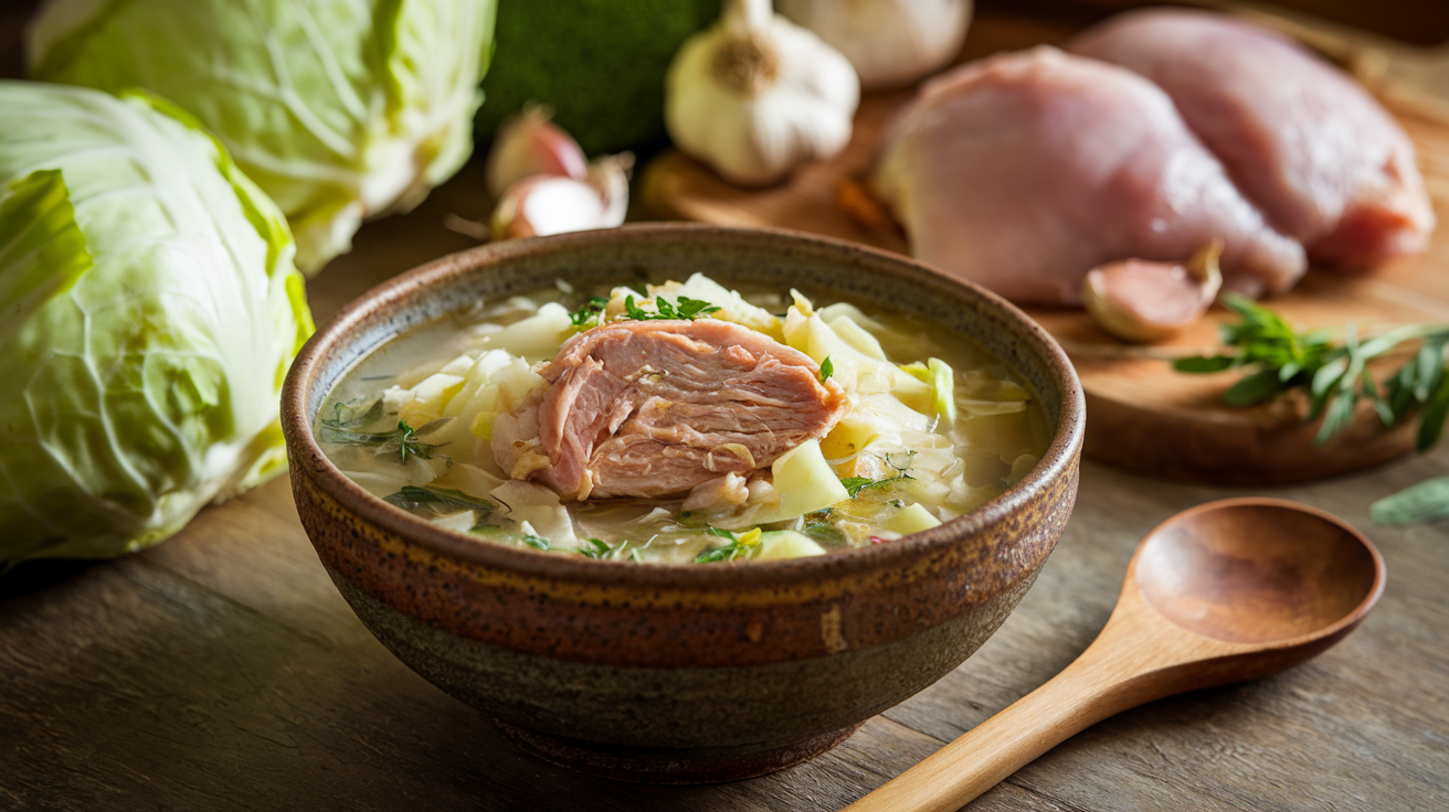 A steaming bowl of chicken and cabbage soup with fresh ingredients on a rustic wooden table.