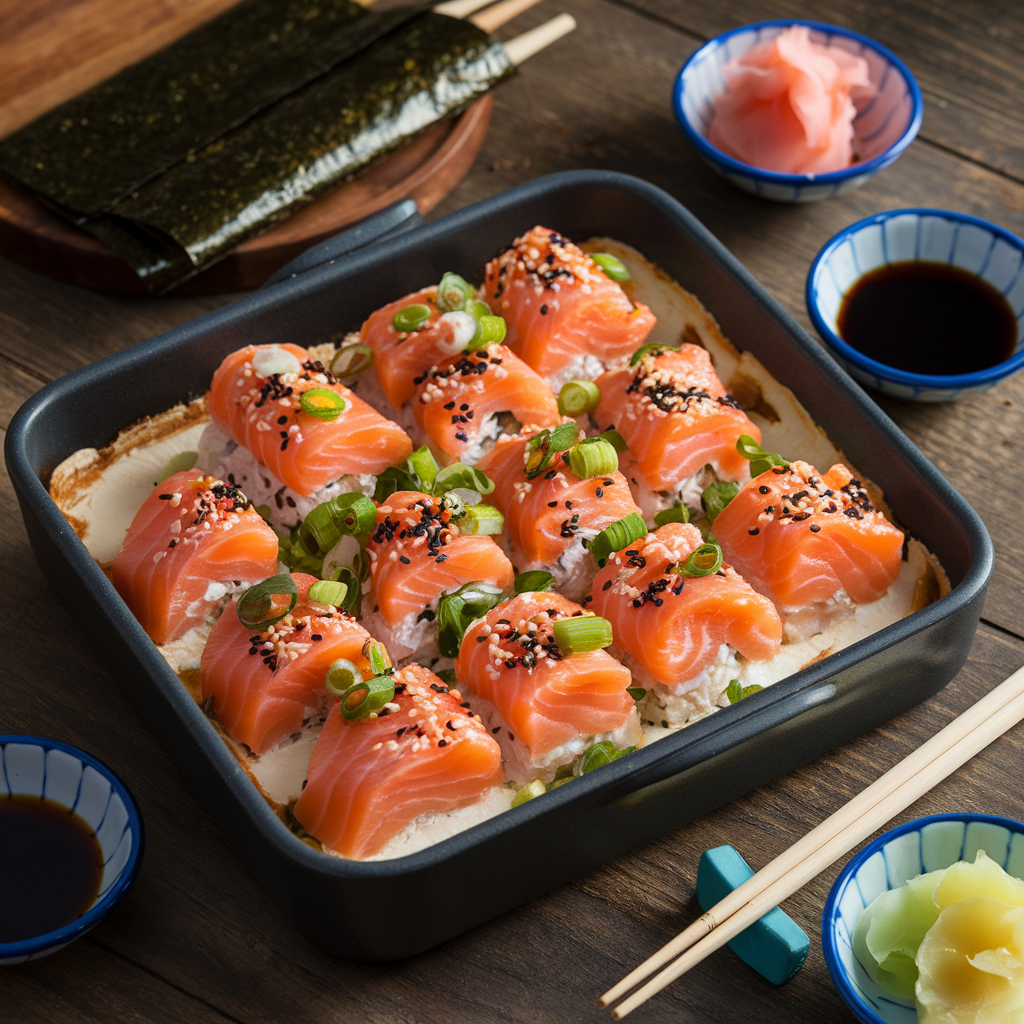 A golden and creamy salmon sushi bake garnished with green onions, sesame seeds, and furikake, served with roasted nori sheets and chopsticks