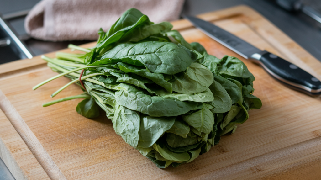 Fresh spinach leaves on a cutting board.