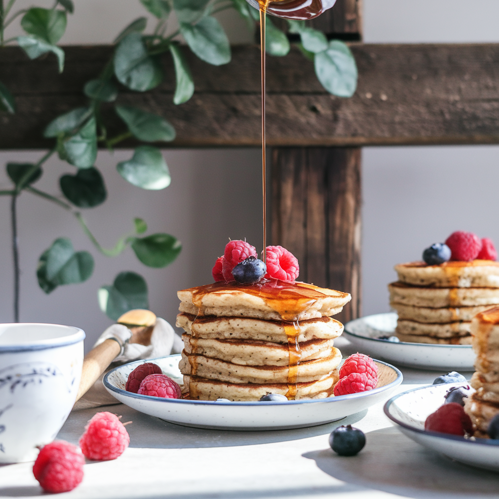 Stack of quinoa flour pancakes topped with fresh berries and maple syrup on a breakfast table.