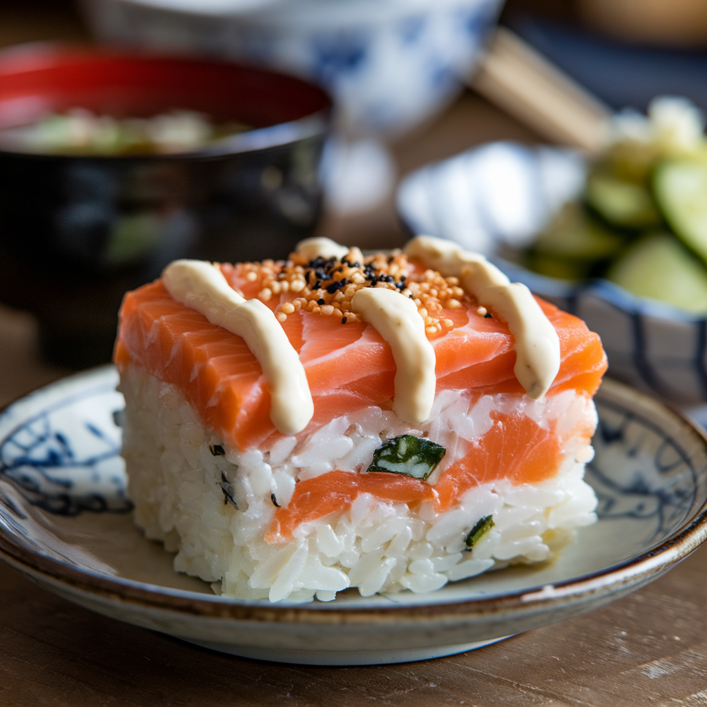 A close-up of a single serving of salmon sushi bake, showing the layered rice, salmon, and creamy toppings, garnished with furikake.