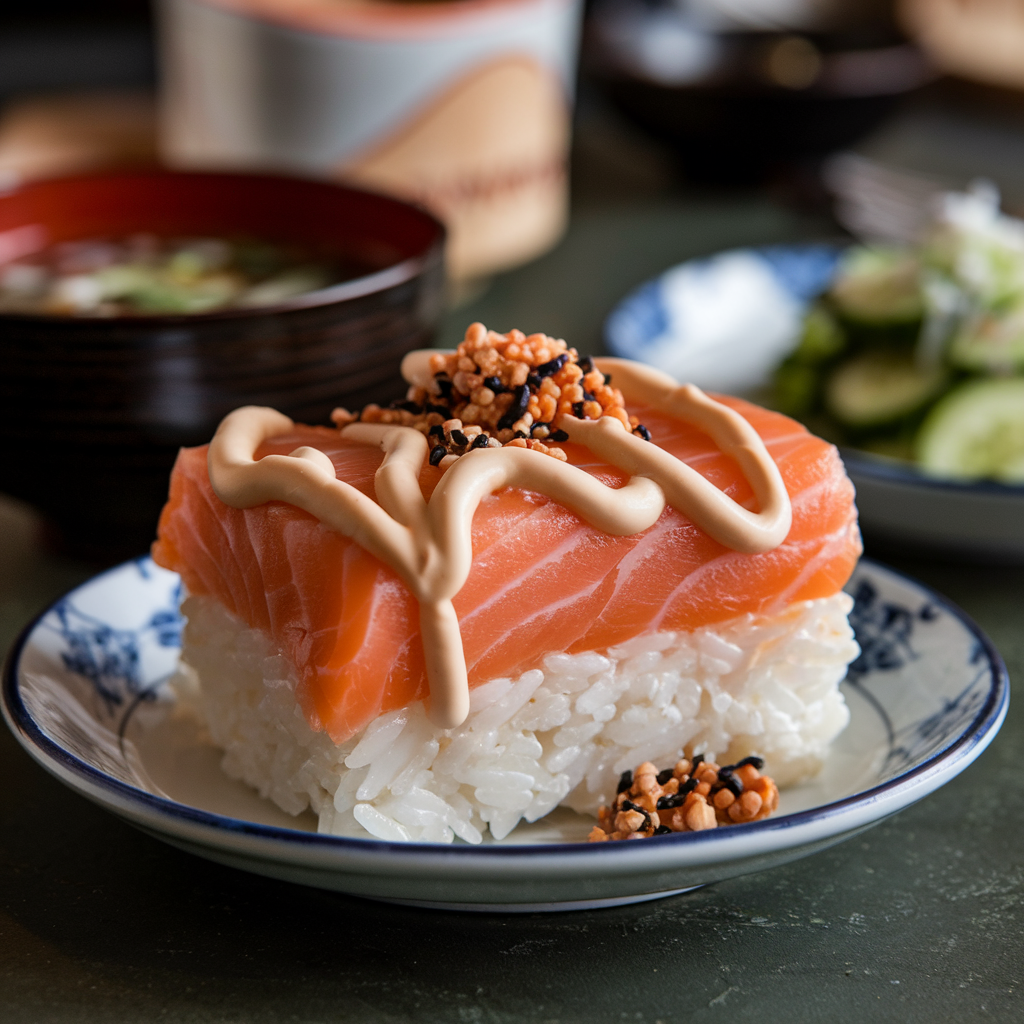 A close-up of a single serving of salmon sushi bake, showing the layered rice, salmon, and creamy toppings, garnished with furikake.