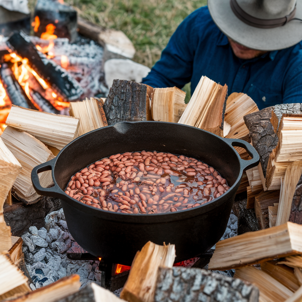 Smoked baked beans served alongside barbecue ribs, coleslaw, and cornbread on a picnic table at an outdoor barbecue.