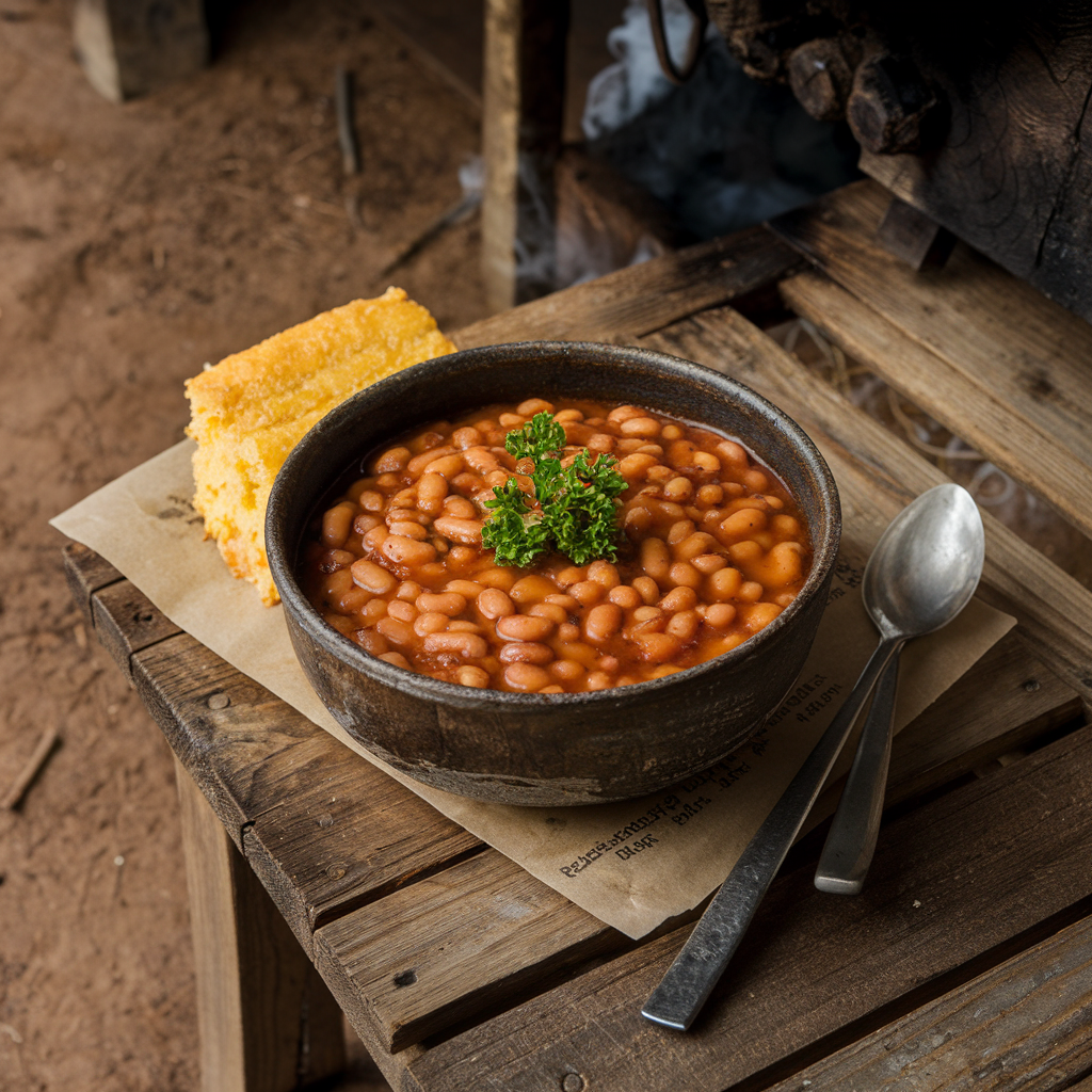 Rustic bowl of smoked baked beans garnished with parsley, served on a wooden table with cornbread and a smoky background.