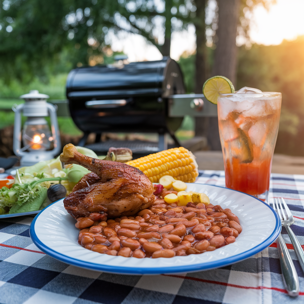 Plate of smoked baked beans with grilled chicken, corn on the cob, and a refreshing drink, placed on a checkered tablecloth at a cookout