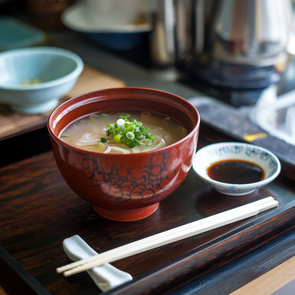 A bowl of hibachi soup with clear broth, mushrooms, and scallions.