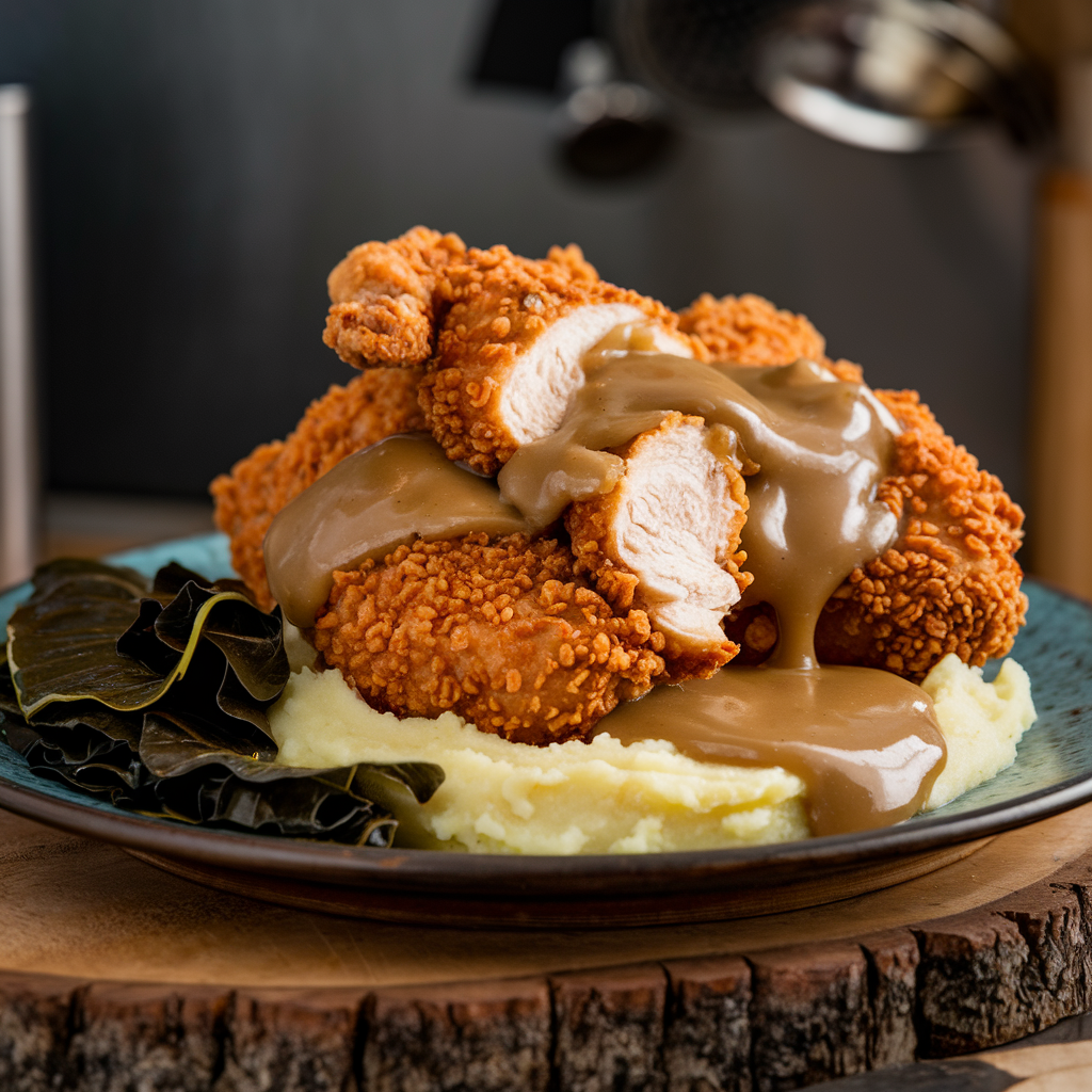 Crispy fried chicken served with mashed potatoes and collard greens.