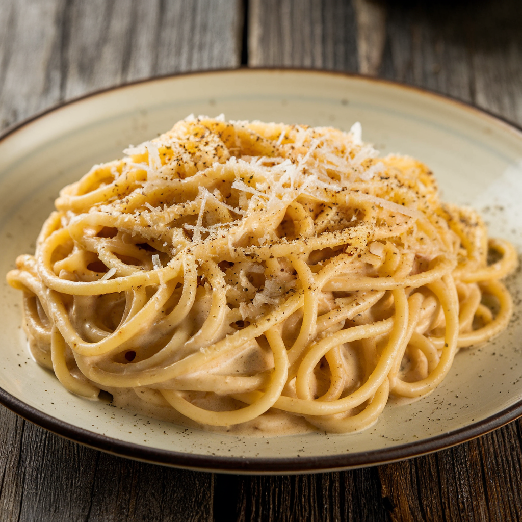 Cozy Italian restaurant interior with wooden tables set with plates of spaghetti carbonara, fresh bread, and glasses of wine, creating a warm dining ambiance.