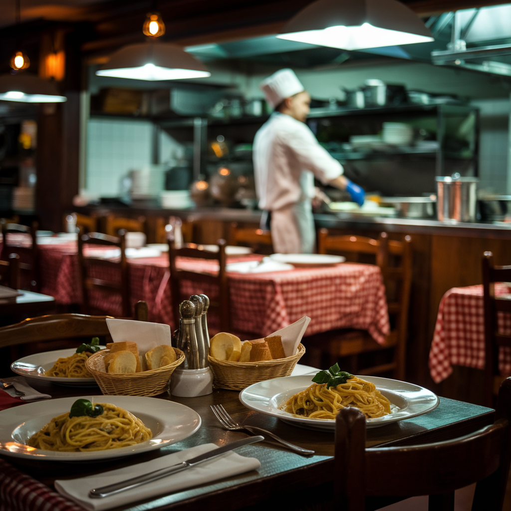 A plate of spaghetti carbonara topped with crispy guanciale, Pecorino Romano cheese, and cracked black pepper on a wooden table with a glass of white wine