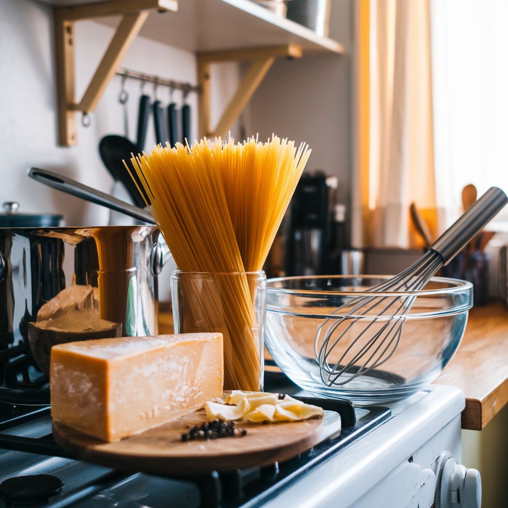 A home kitchen counter with ingredients for spaghetti carbonara, including Pecorino Romano cheese, eggs, guanciale, black pepper, and fresh spaghetti, ready for cooking.