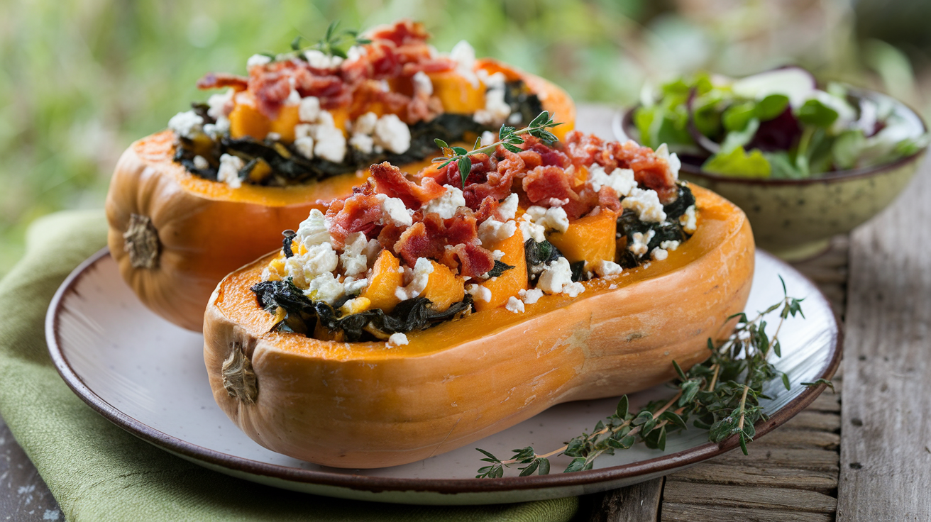 A halved roasted butternut squash stuffed with spinach, feta, and bacon, garnished with fresh thyme and served on a wooden table.