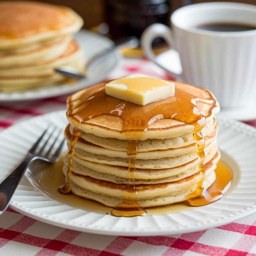 Fluffy pancakes from the top 5 pancake recipes, topped with butter and maple syrup.