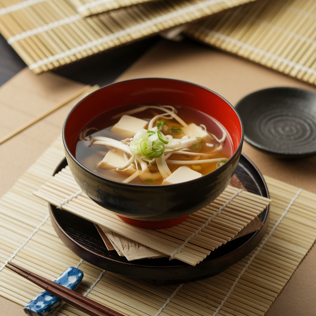 Traditional Japanese clear soup with mushrooms, scallions, and tofu in a black bowl.