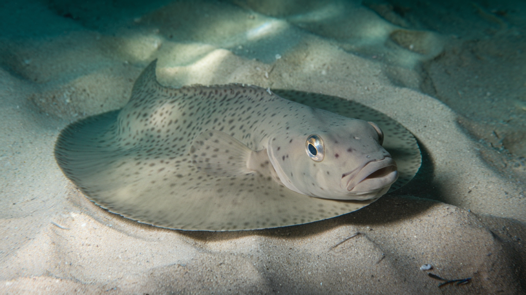 A fluke fish camouflaged on the sandy ocean floor, showcasing its flat, diamond-shaped body and speckled pattern