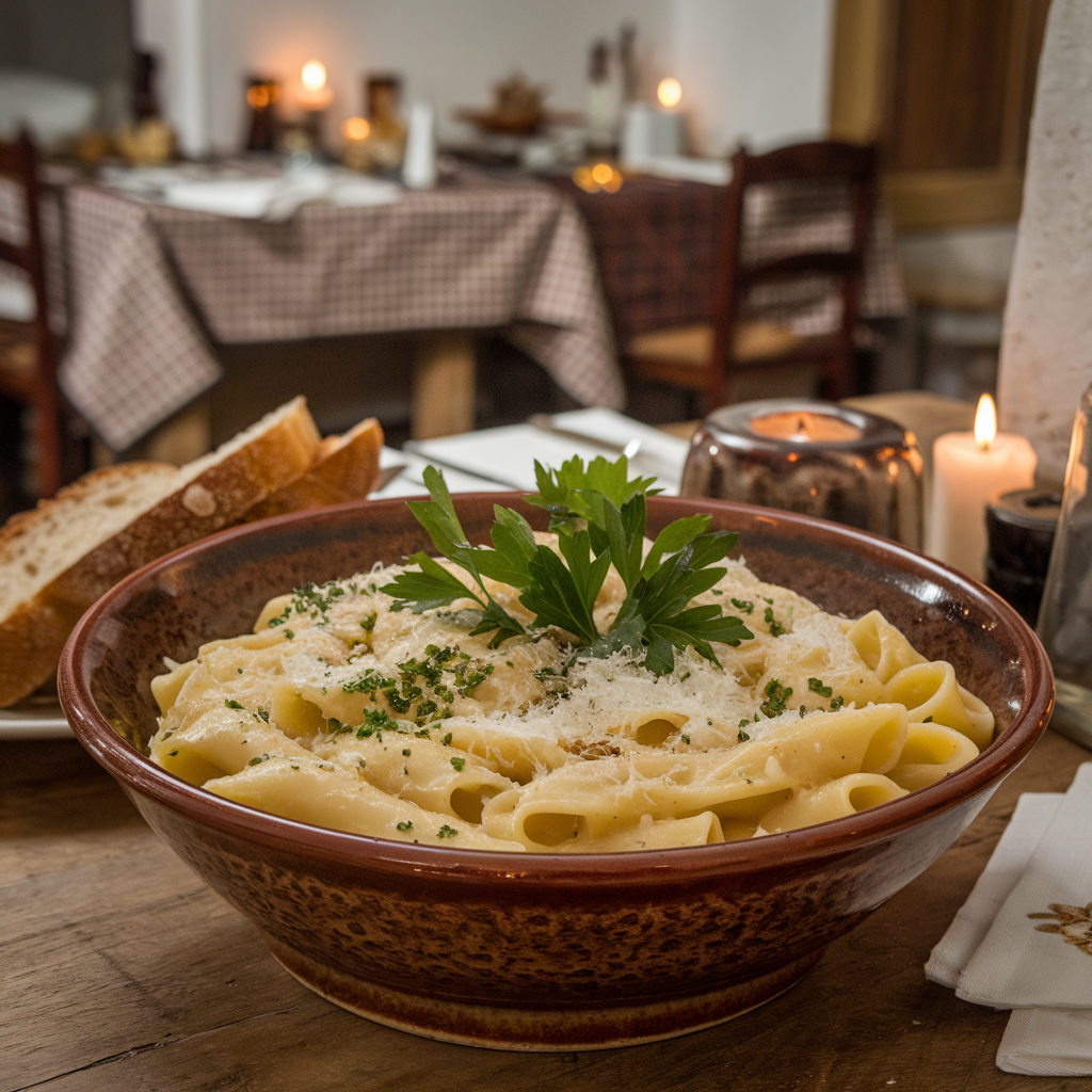 A vibrant close-up of Lorighittas pasta, twisted into elegant ring shapes, served on a rustic ceramic plate with a hearty tomato sauce garnished with fresh basil