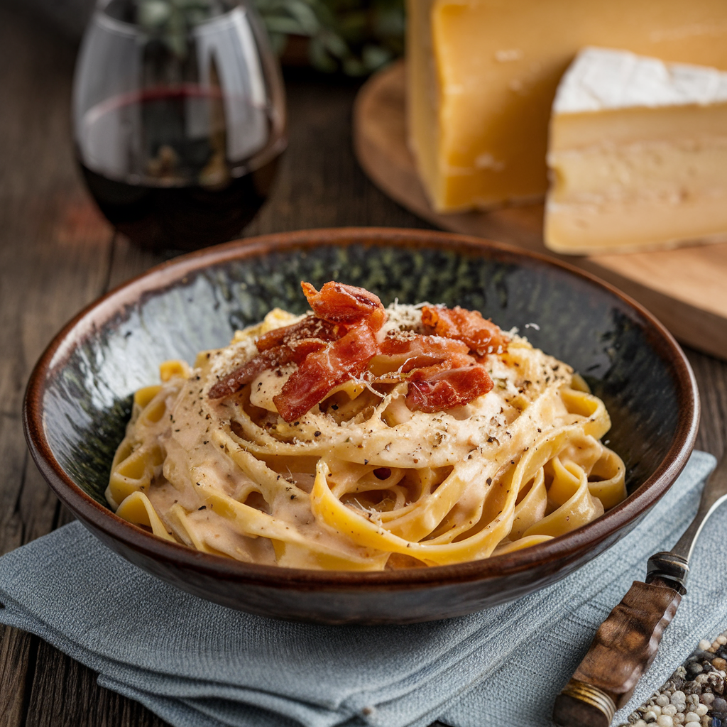 An artisan in a traditional Italian kitchen, meticulously handcrafting pasta, with semolina flour, tools, and a warm rustic setting visible in the background