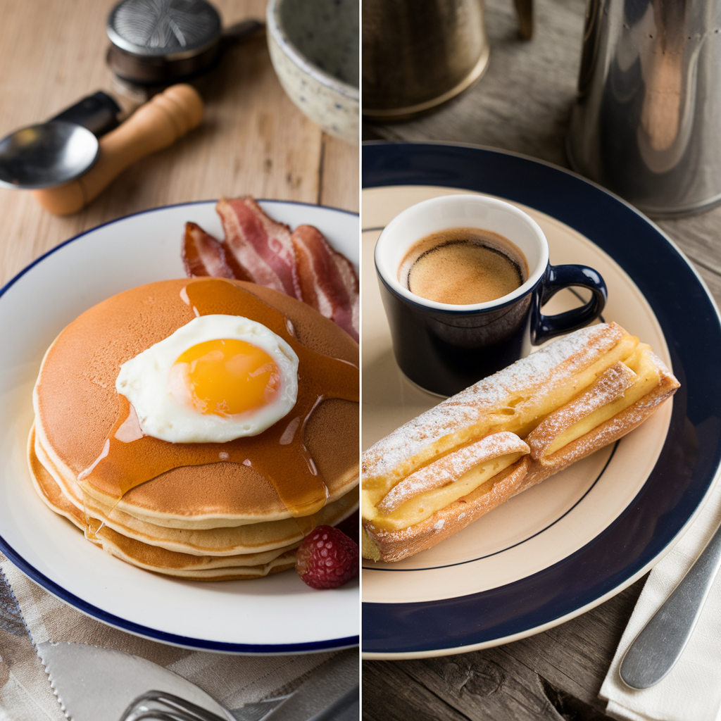 Side-by-side comparison of an American breakfast with pancakes and bacon, and an Italian breakfast with espresso and a cornetto.