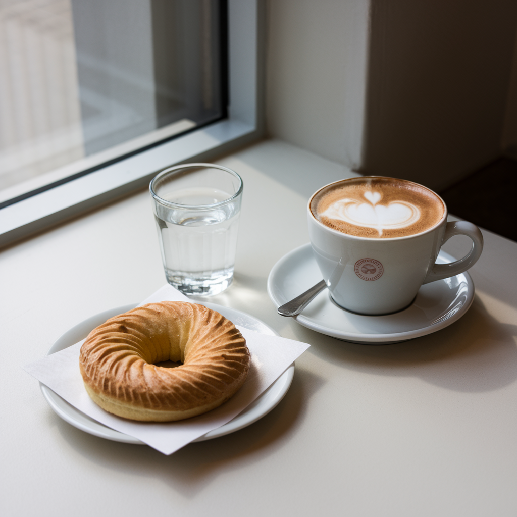 An Italian breakfast with a cappuccino, a cornetto, and sparkling water on a café counter