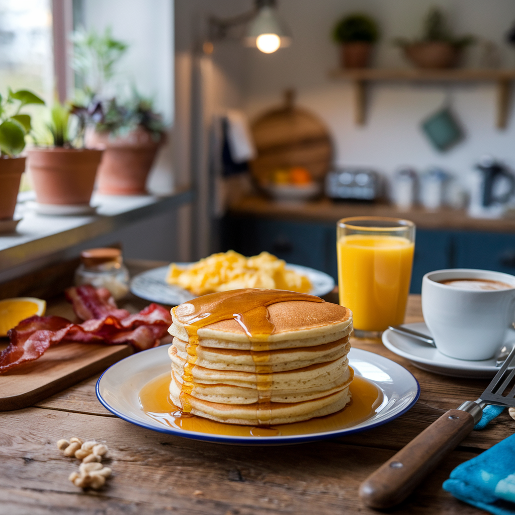 An American breakfast with pancakes, bacon, scrambled eggs, orange juice, and coffee on a wooden table